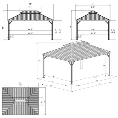 Caesar 12 Ft. X 16 Ft. Dark Brown Double Roof Permanent Hardtop Aluminum Gazebo with Netting and Sidewalls