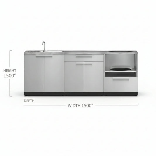 Outdoor Kitchen Cabinet Set Built for Weather Resistance, 304 Stainless Steel, Modular 3PC Design, Sink Bar