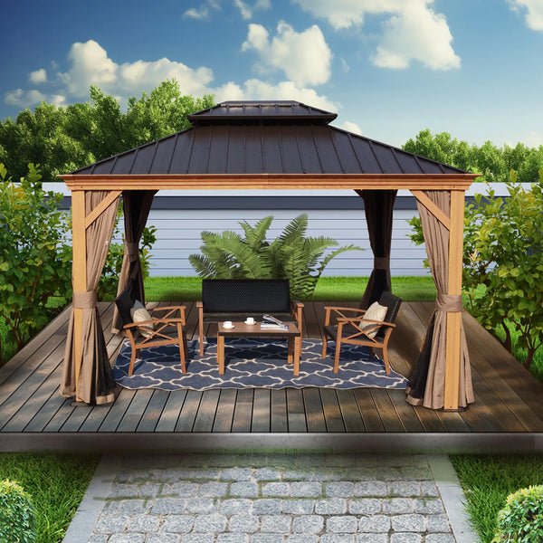 Hardtop Aluminum Gazebo Built for Year-Round Use, 12x20 Ft, Galvanized Steel Roof, Mosquito Netting