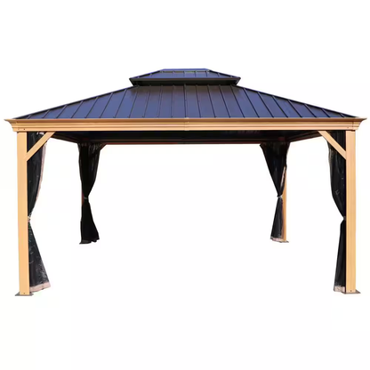 Apollo 12 Ft. X 14 Ft. Wood like Aluminum Hardtop Gazebo with Galvanized Steel Roof and Mosquito Net