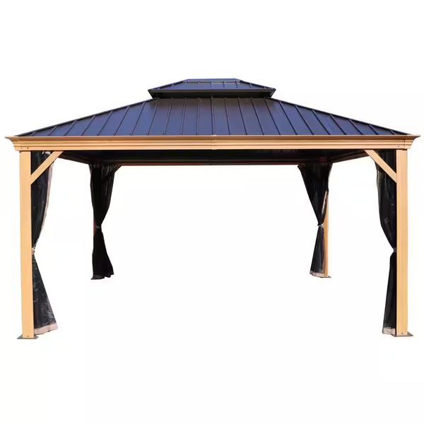 Apollo 12 Ft. X 14 Ft. Wood like Aluminum Hardtop Gazebo with Galvanized Steel Roof and Mosquito Net