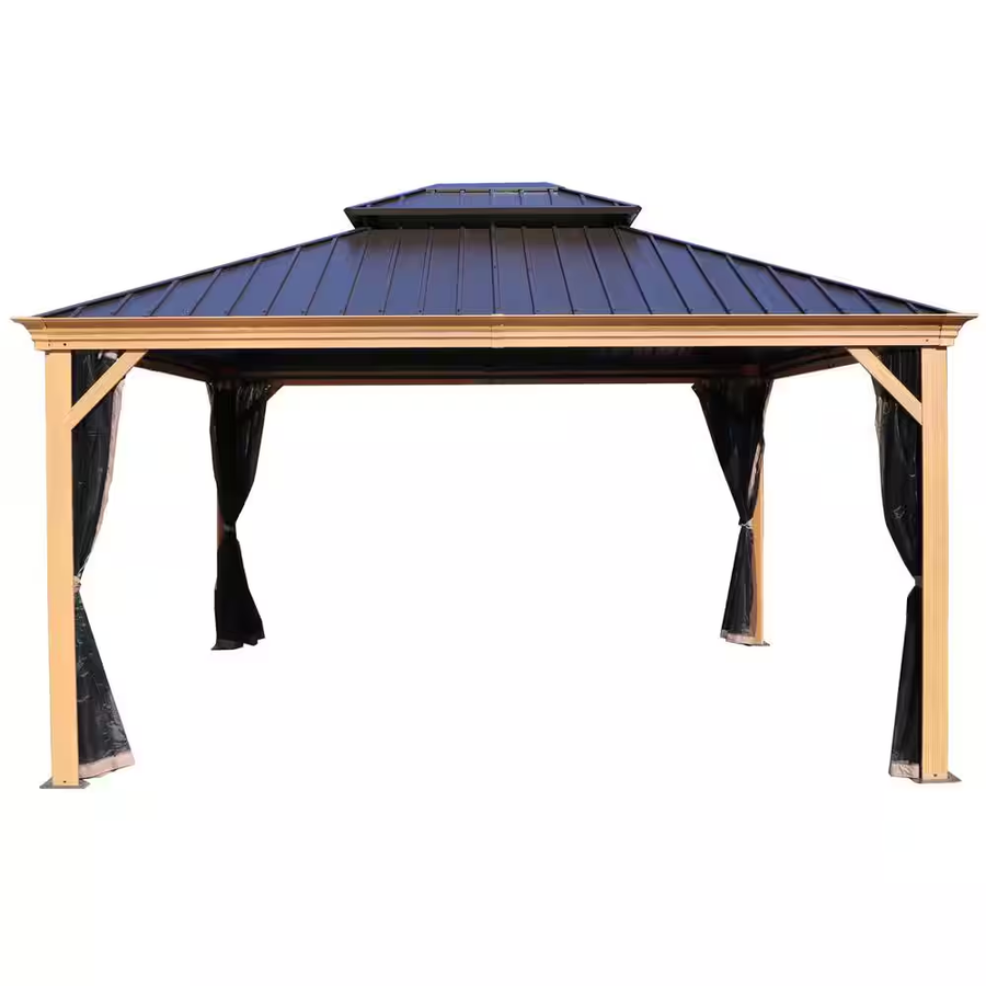Apollo 12 Ft. X 14 Ft. Wood like Aluminum Hardtop Gazebo with Galvanized Steel Roof and Mosquito Net