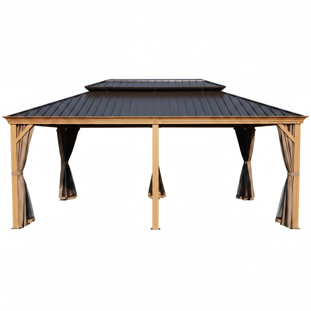Hardtop Aluminum Gazebo Built for Year-Round Use, 12x20 Ft, Galvanized Steel Roof, Mosquito Netting