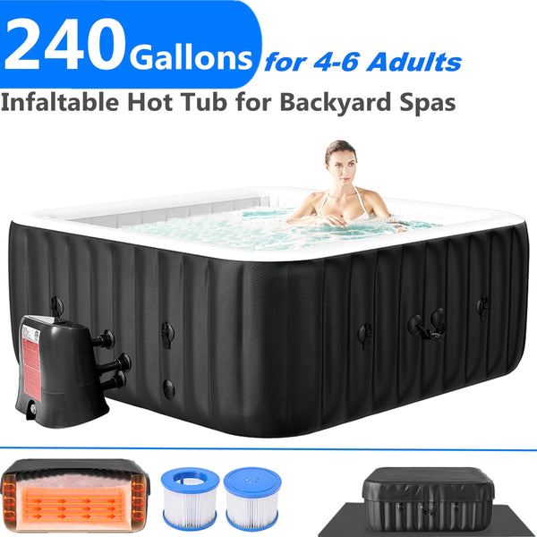 Inflatable Hot Tub Designed for Backyard Relaxation, 6 Person Square, 130 Bubble Jets, 240 Gallon Capacity