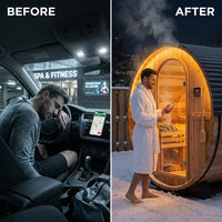 Outdoor Barrel Sauna Built for Year-Round Use, 9kW Electric Heater, Wi-Fi Control, Cedar Construction — Before & After