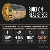 Outdoor Barrel Sauna Built for Year-Round Use, 9kW Electric Heater, Wi-Fi Control, Cedar Construction — Results & Stats