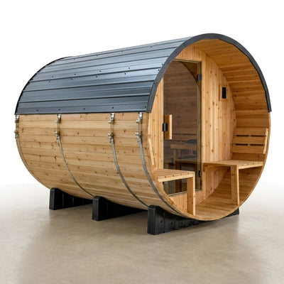 Outdoor Barrel Sauna Built for Year-Round Use, 9kW Electric Heater, Wi-Fi Control, Cedar Construction