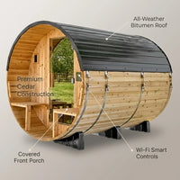 Outdoor Barrel Sauna Built for Year-Round Use, 9kW Electric Heater, Wi-Fi Control, Cedar Construction — infographic