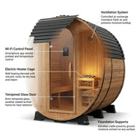 Outdoor Barrel Sauna Built for Year-Round Use, 9kW Electric Heater, Wi-Fi Control, Cedar Construction — How It Works
