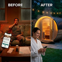 Paxton 4-6 Person Traditional Cedar Outdoor Barrel Sauna with Electric Sauna Heater, Front Porch, Sauna Rocks, Dry Heat, Steam Sauna, LED Lights, Wi-Fi Panel, Sauna Accessories — Before & After