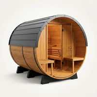 Paxton 4-6 Person Traditional Cedar Outdoor Barrel Sauna with Electric Sauna Heater, Front Porch, Sauna Rocks, Dry Heat, Steam Sauna, LED Lights, Wi-Fi Panel, Sauna Accessories — Studio Shot