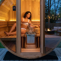Paxton 4-6 Person Traditional Cedar Outdoor Barrel Sauna with Electric Sauna Heater, Front Porch, Sauna Rocks, Dry Heat, Steam Sauna, LED Lights, Wi-Fi Panel, Sauna Accessories — Lifestyle