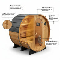 Paxton 4-6 Person Traditional Cedar Outdoor Barrel Sauna with Electric Sauna Heater, Front Porch, Sauna Rocks, Dry Heat, Steam Sauna, LED Lights, Wi-Fi Panel, Sauna Accessories — How It Works